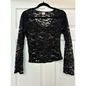 Wild Lovers M Black Sheer‎ Lace Top Bell Sleeve Lace Up Front Goth
